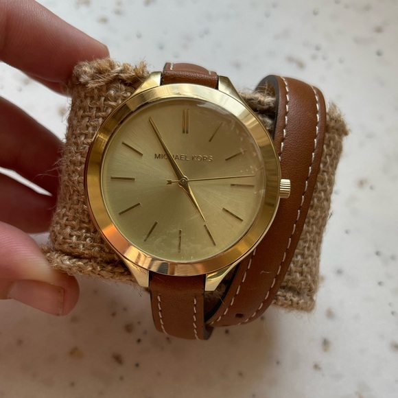 Michael Kors Accessories - Michael Kors yellow gold brown leather watch. Double wrap.